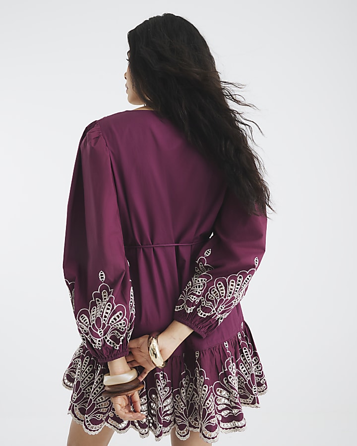 Red Long Sleeve Broderie Shirt Dress