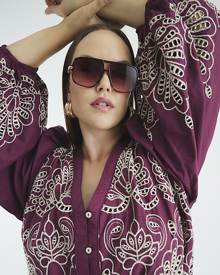 Red Long Sleeve Broderie Shirt Dress