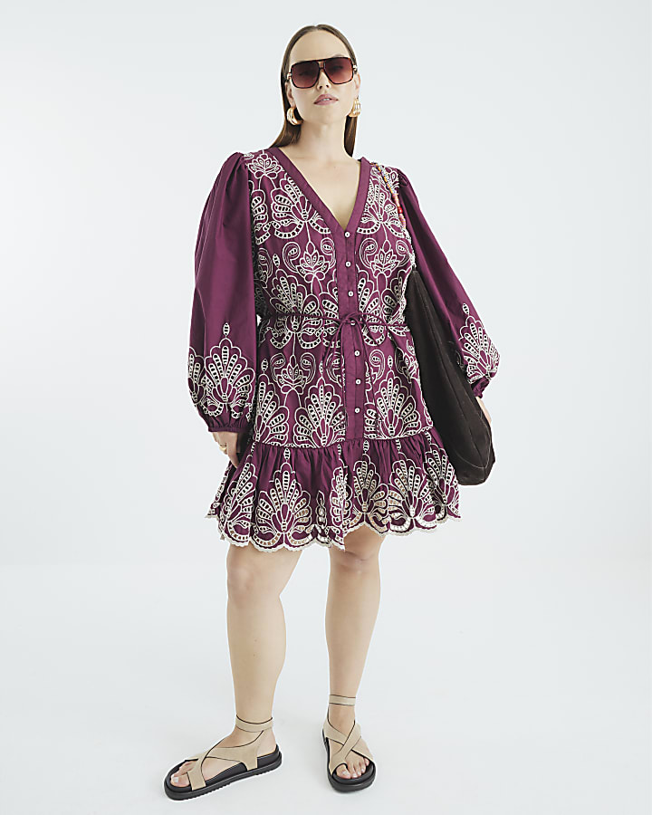 Red Long Sleeve Broderie Shirt Dress