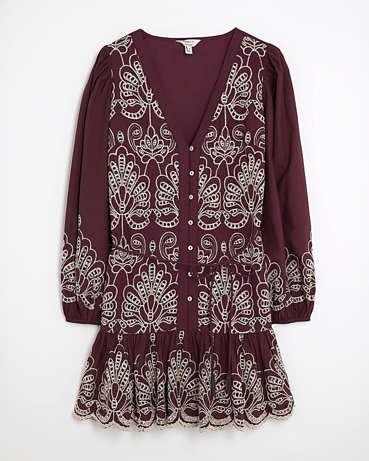 Red Long Sleeve Broderie Shirt Dress