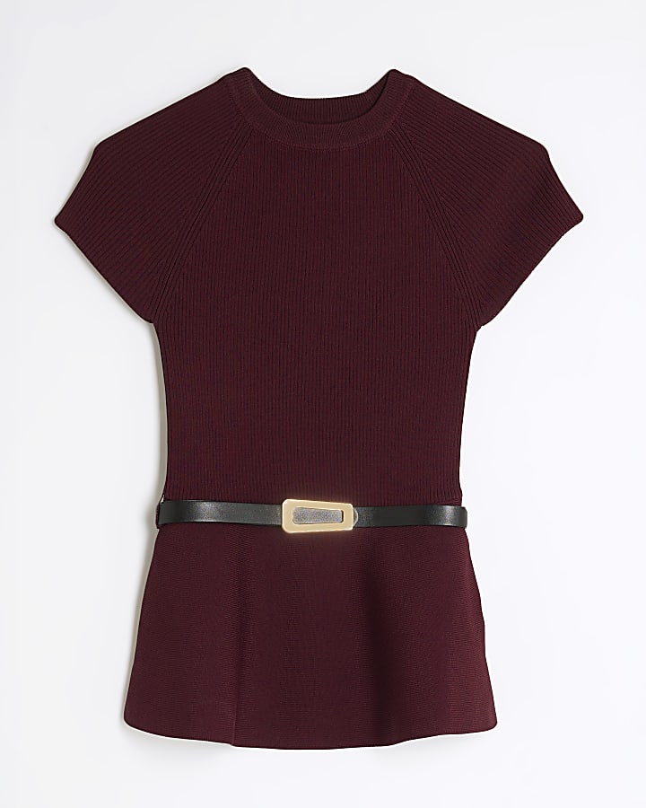 Red Knitted Short Sleeve Belted Peplum Top