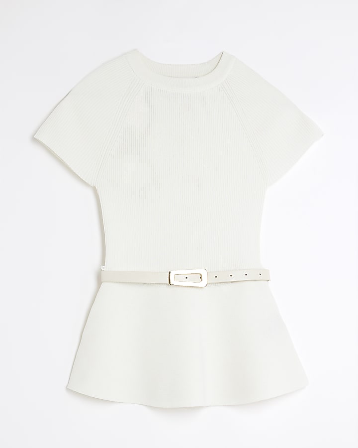 Cream Knitted Short Sleeve Belted Peplum Top