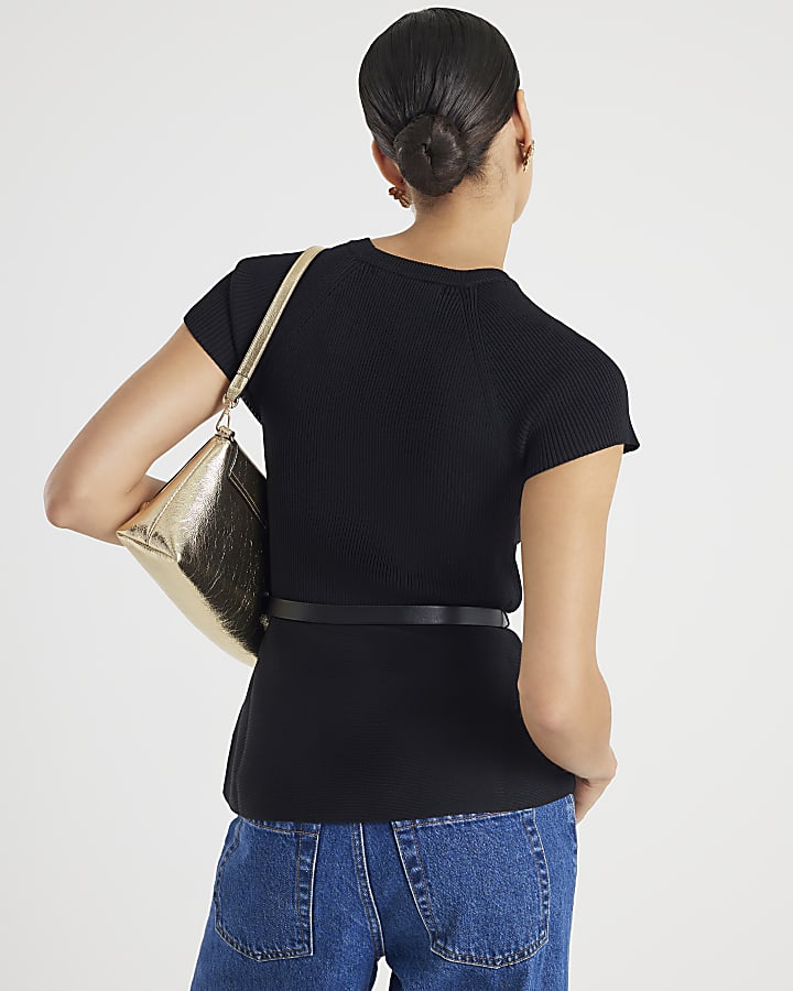 Black Knit Short Sleeve Belted Peplum Top