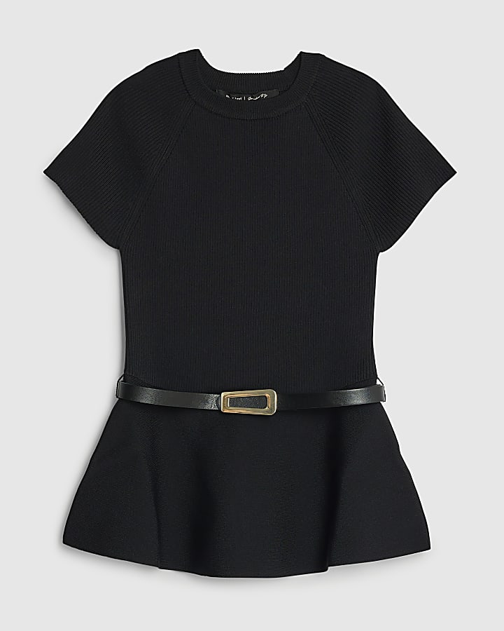 Black Knit Short Sleeve Belted Peplum Top