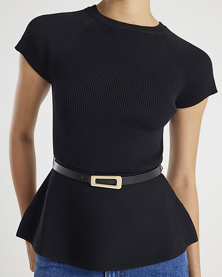 Black Knit Short Sleeve Belted Peplum Top