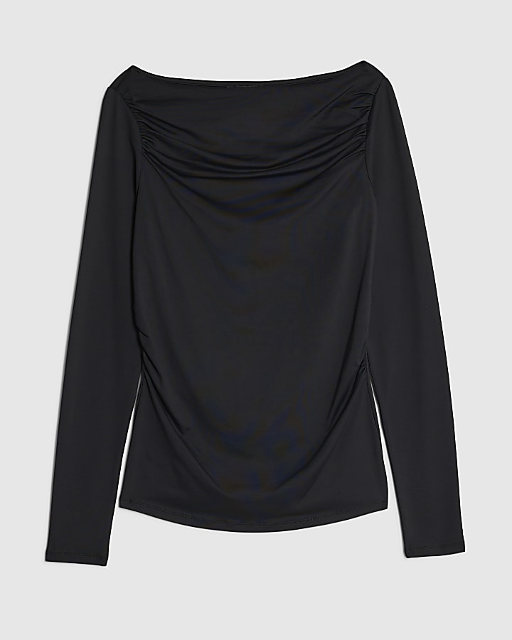Black Long Sleeve Ruched Drape Top