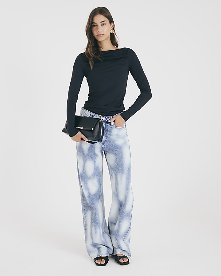 Black Long Sleeve Ruched Drape Top