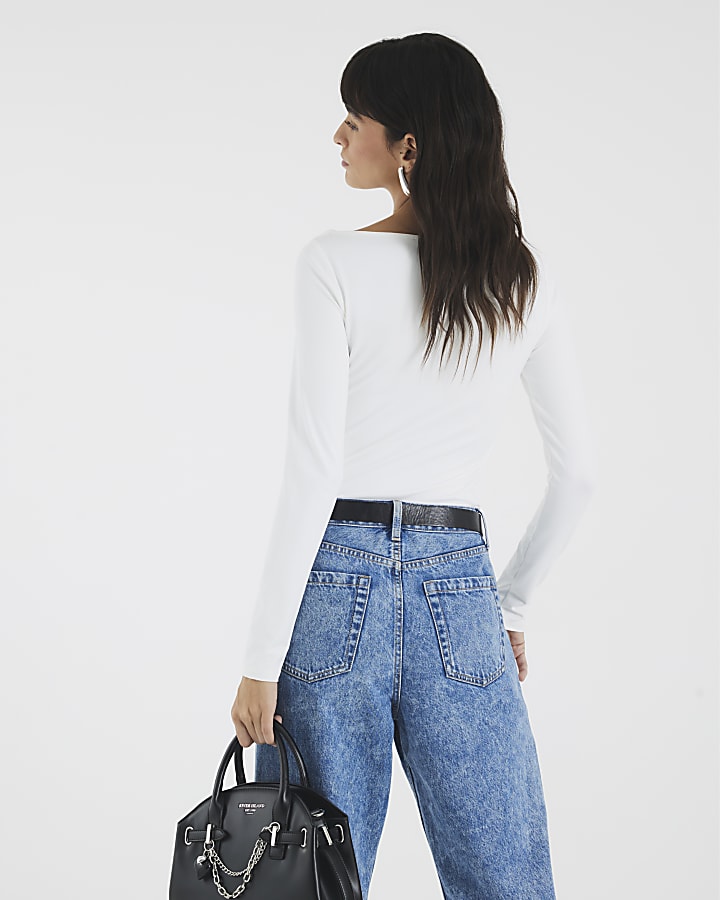 White Long Sleeve Ruched Drape Top