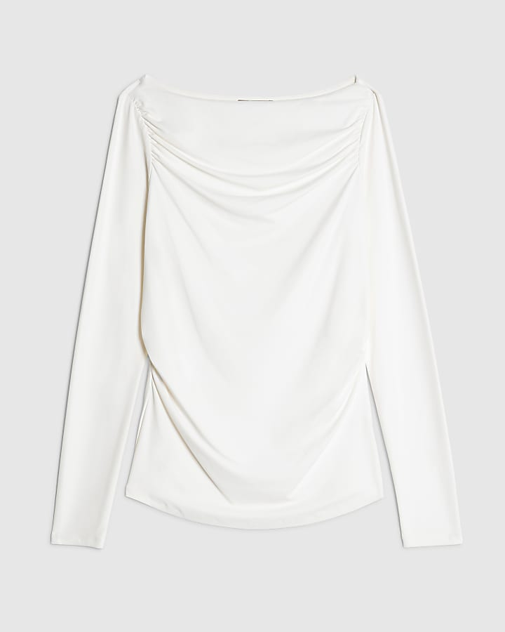 White Long Sleeve Ruched Drape Top