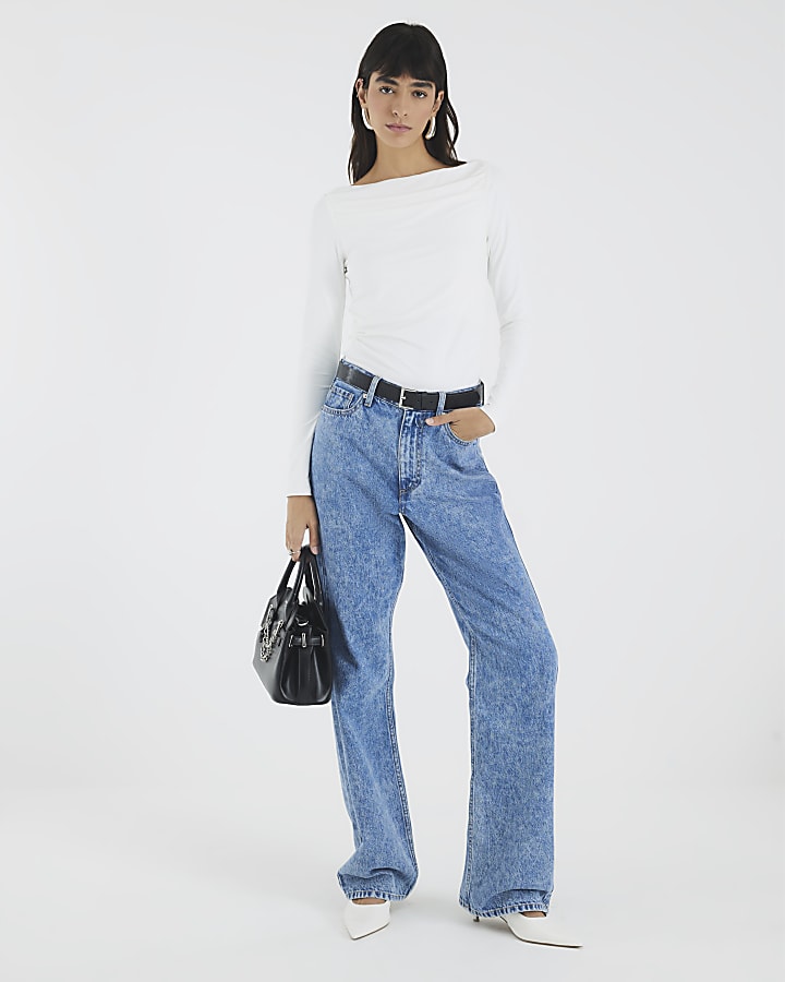 White Long Sleeve Ruched Drape Top