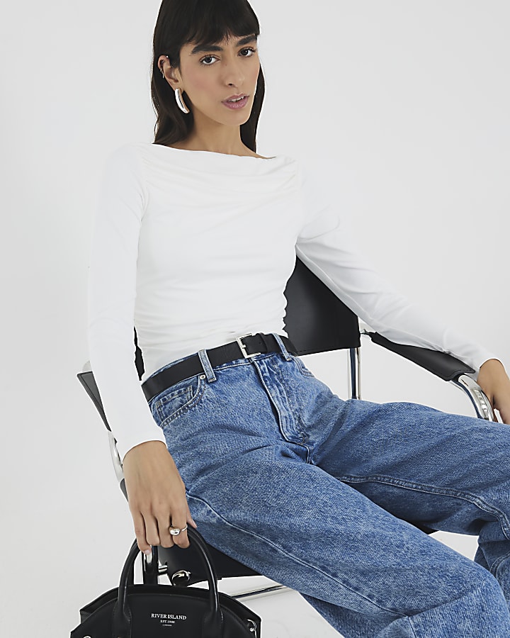 White Long Sleeve Ruched Drape Top