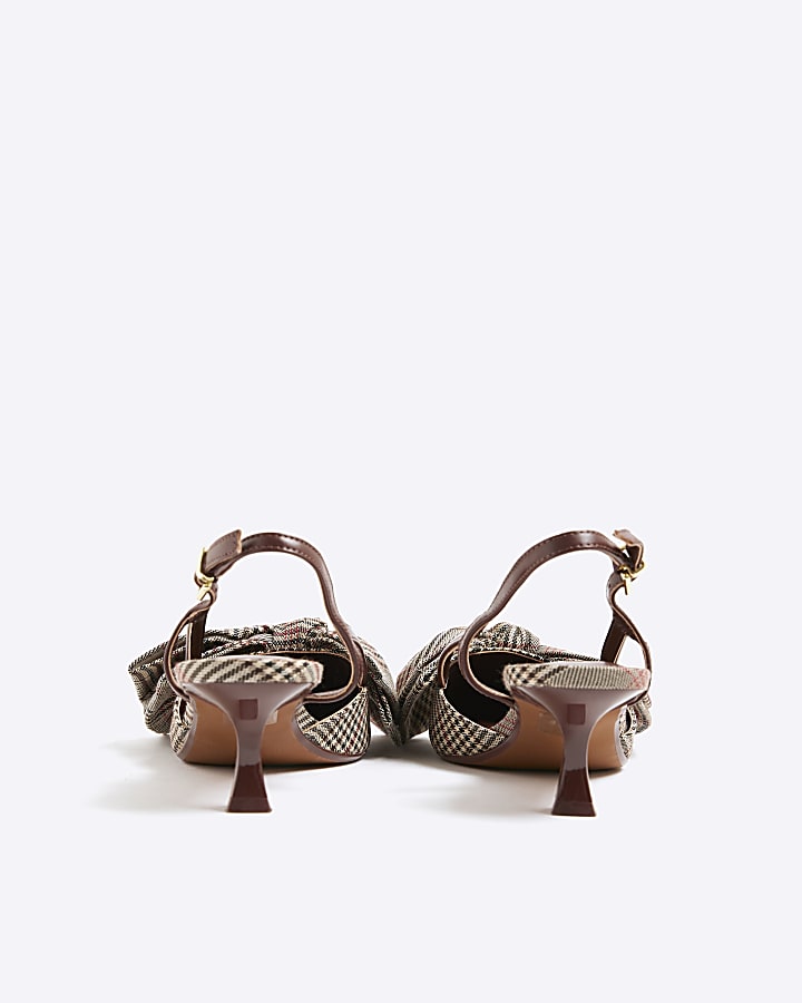 Brown Check Slingback Bow Court Heels