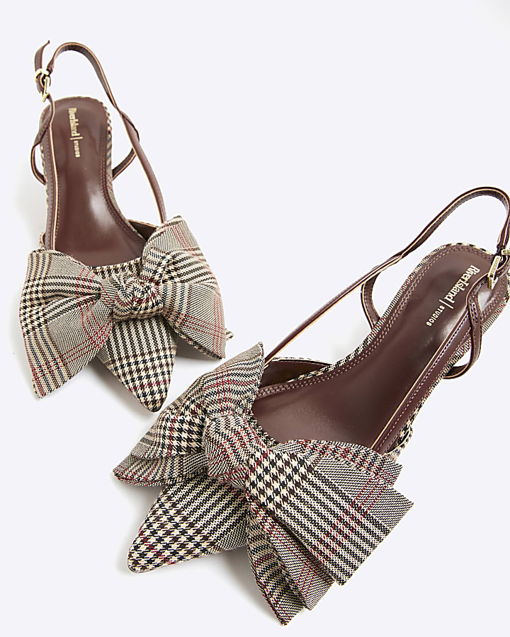 Brown Check Slingback Bow Court Heels
