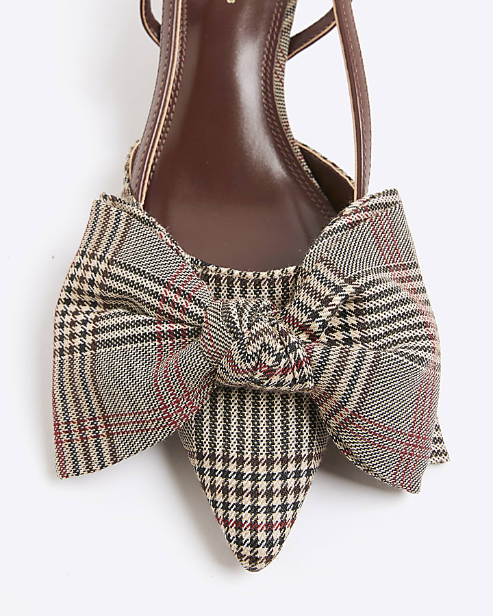 Brown Check Slingback Bow Court Heels