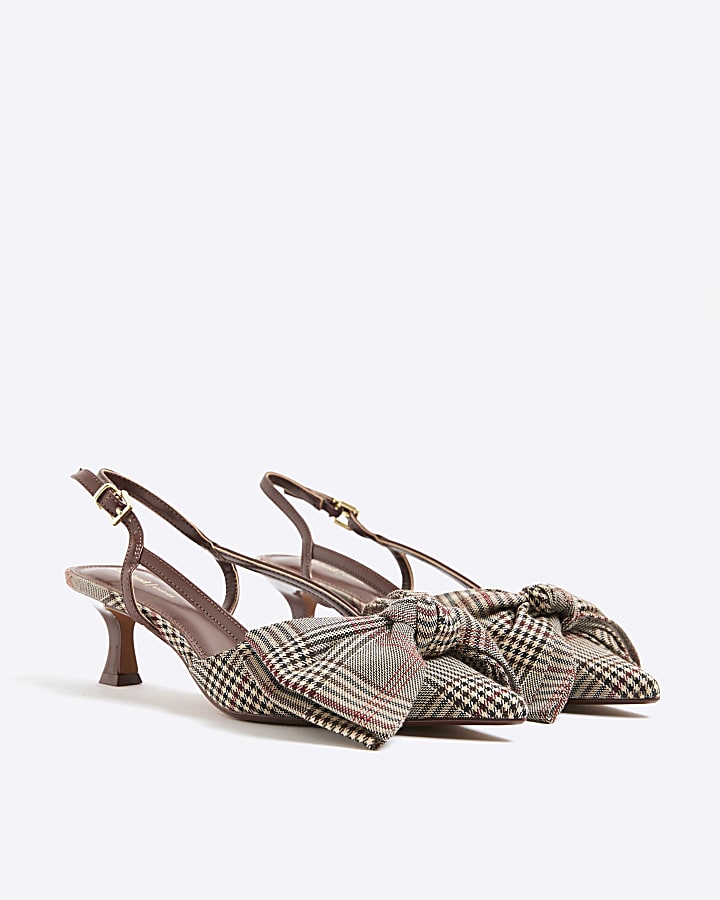 Brown Check Slingback Bow Court Heels