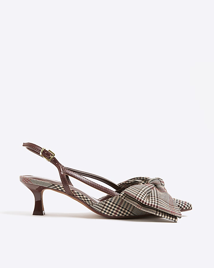 Brown Check Slingback Bow Court Heels