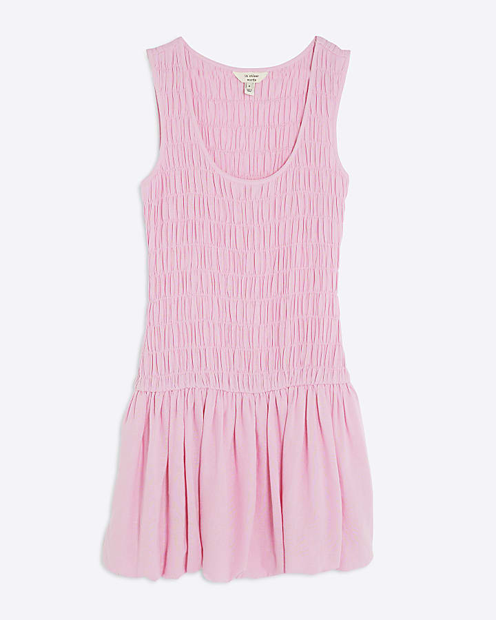Pink Linen Blend Shirred Mini Dress