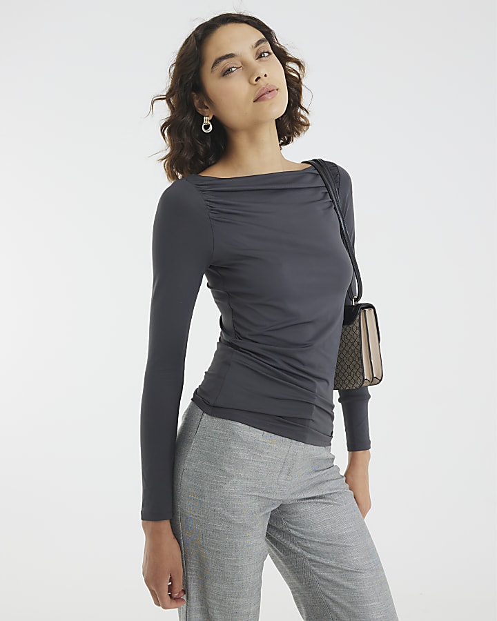 Grey Long Sleeve Ruched Drape Top