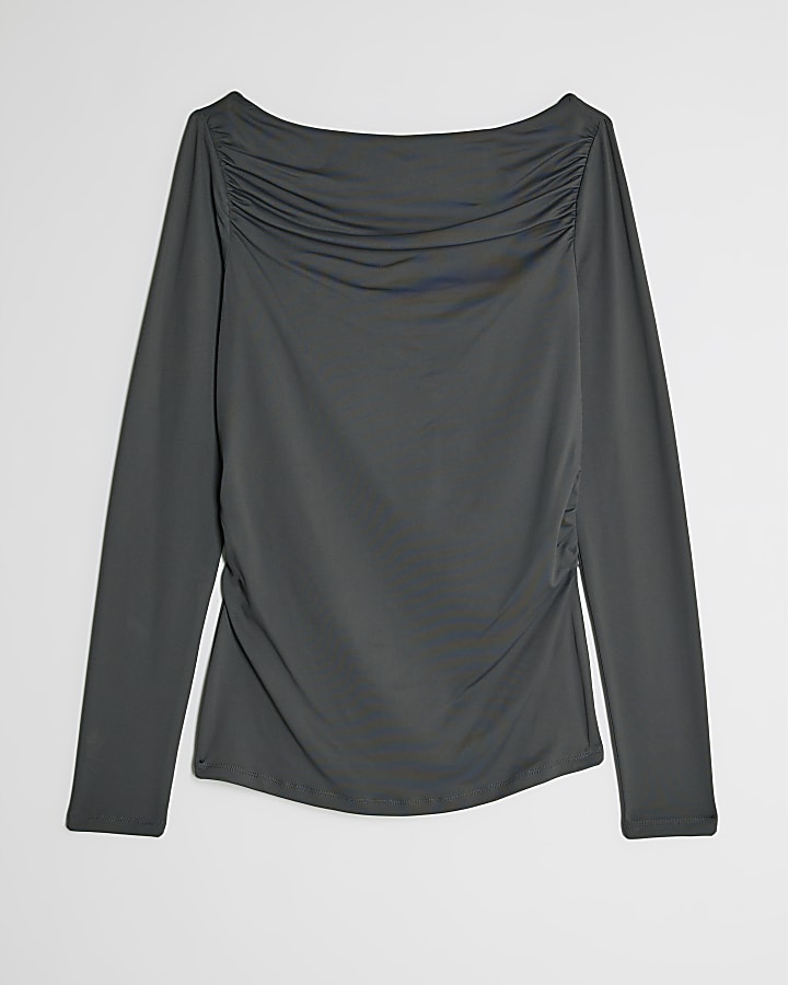 Grey Long Sleeve Ruched Drape Top