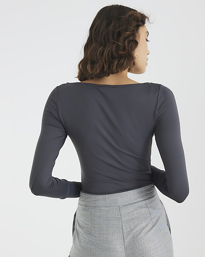 Grey Long Sleeve Ruched Drape Top