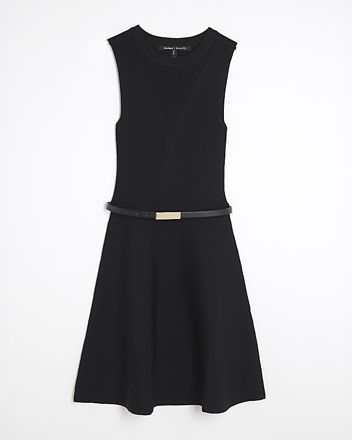Black Knitted Sleeveless Belted Mini Dress