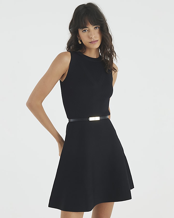 Black Knitted Sleeveless Belted Mini Dress