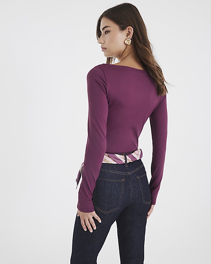 Purple Long Sleeve Ruched Drape Top
