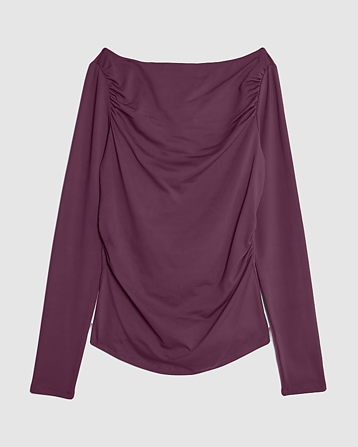 Purple Long Sleeve Ruched Drape Top