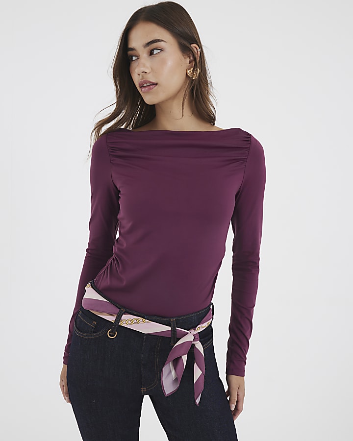 Purple Long Sleeve Ruched Drape Top