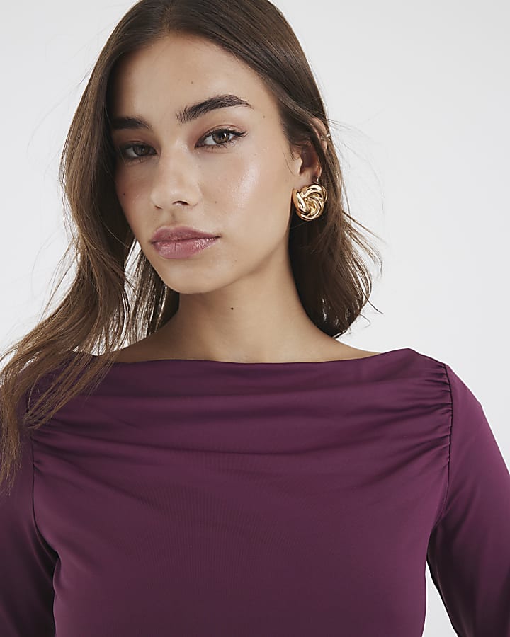 Purple Long Sleeve Ruched Drape Top