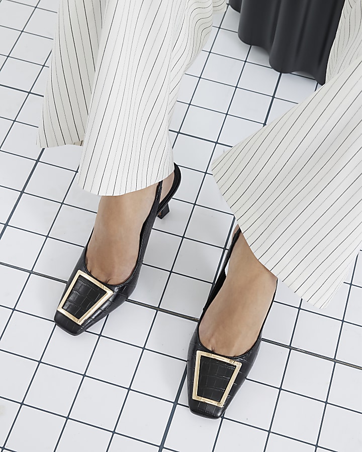 Black Wide Fit Slingback Croc Court Heels 