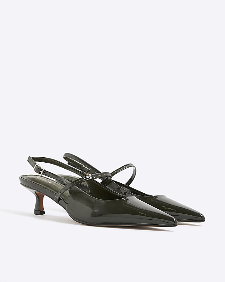 Khaki Patent Slingback Kitten Heels