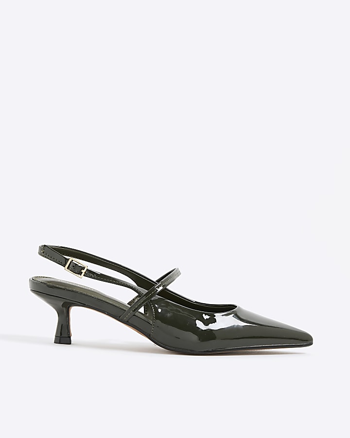 Khaki Patent Slingback Kitten Heels