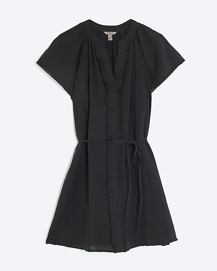 Black Short Sleeve Lace Detail Mini Dress