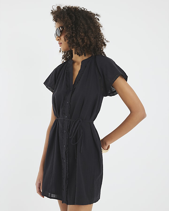 Black Short Sleeve Lace Detail Mini Dress