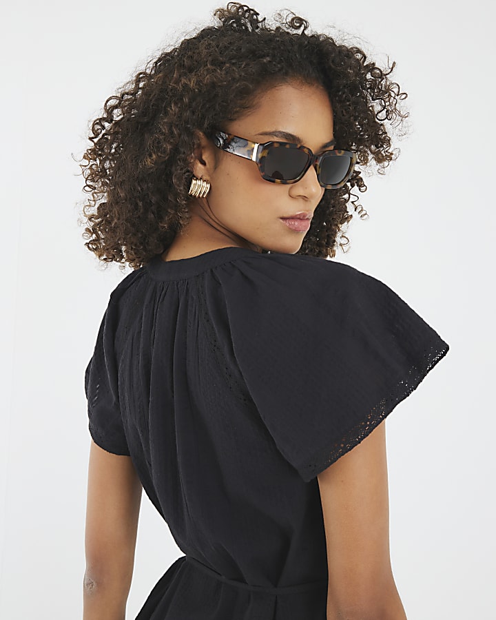 Black Short Sleeve Lace Detail Mini Dress