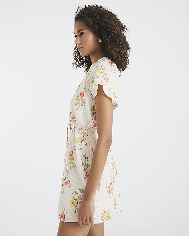 Cream Floral Short Sleeve V Neck Mini Dress