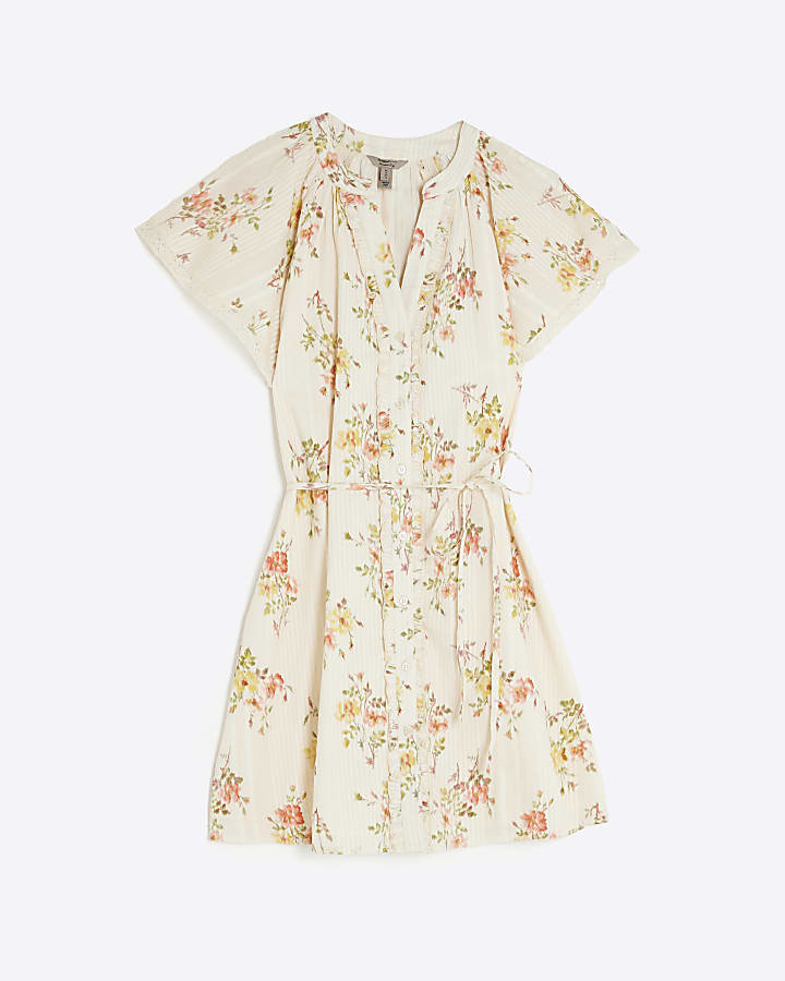 Cream Floral Short Sleeve V Neck Mini Dress