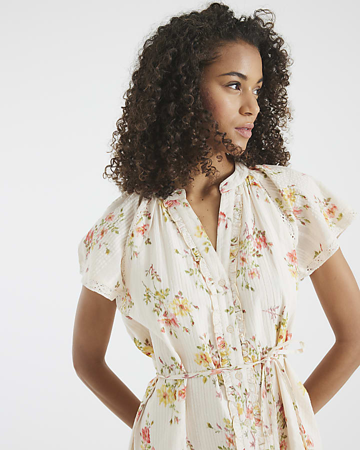 Cream Floral Short Sleeve V Neck Mini Dress