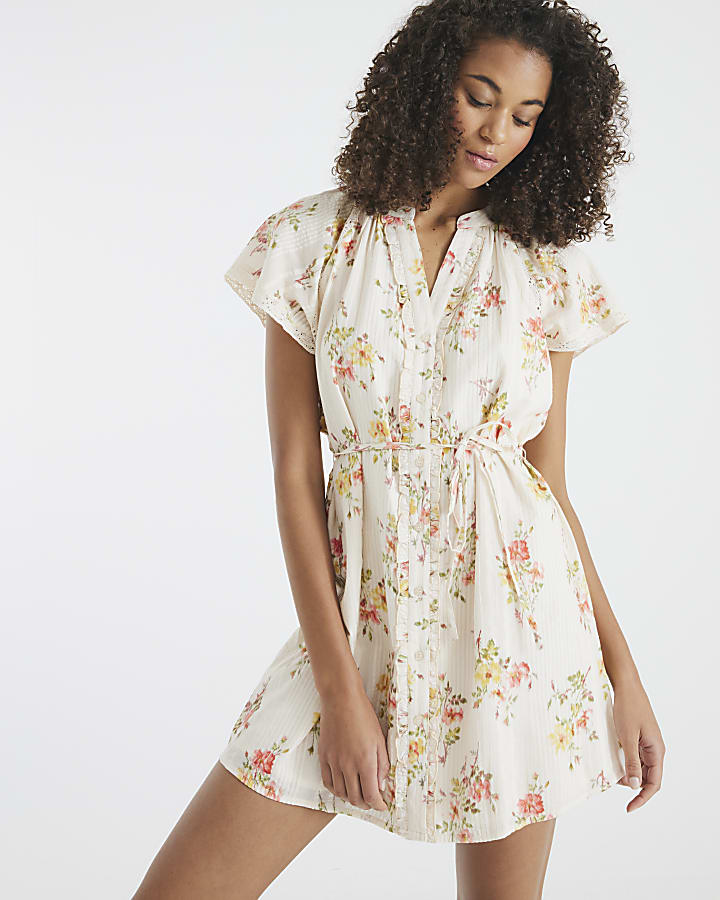 Cream Floral Short Sleeve V Neck Mini Dress