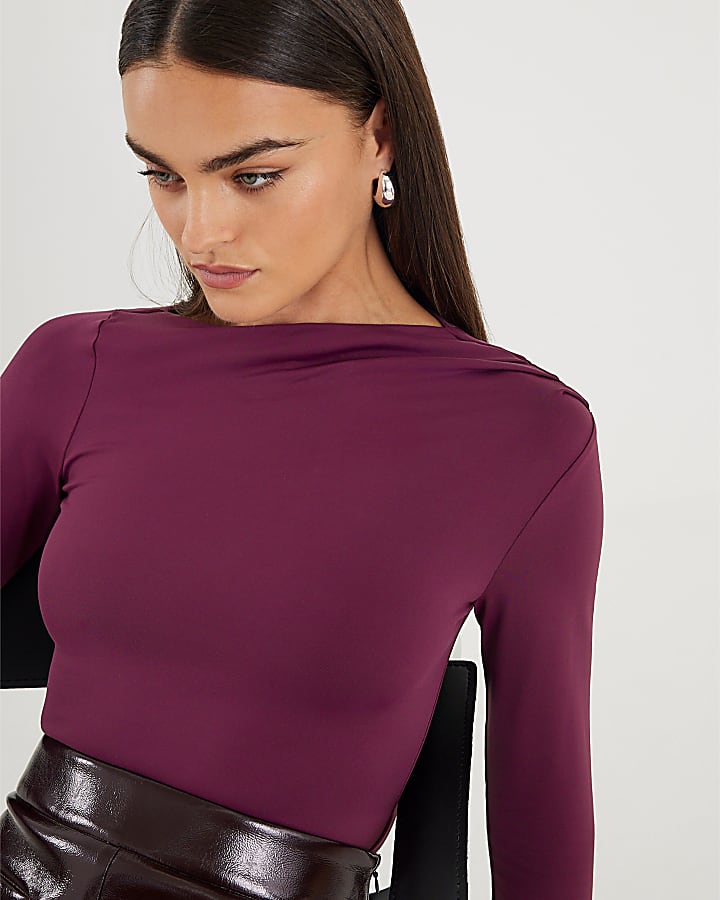 Purple Long Sleeve Slash Neck Bodysuit