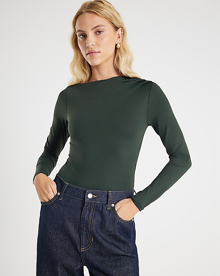 Green Long Sleeve Slash Neck Bodysuit