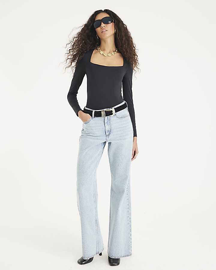 Black Long Sleeve Square Neck Bodysuit
