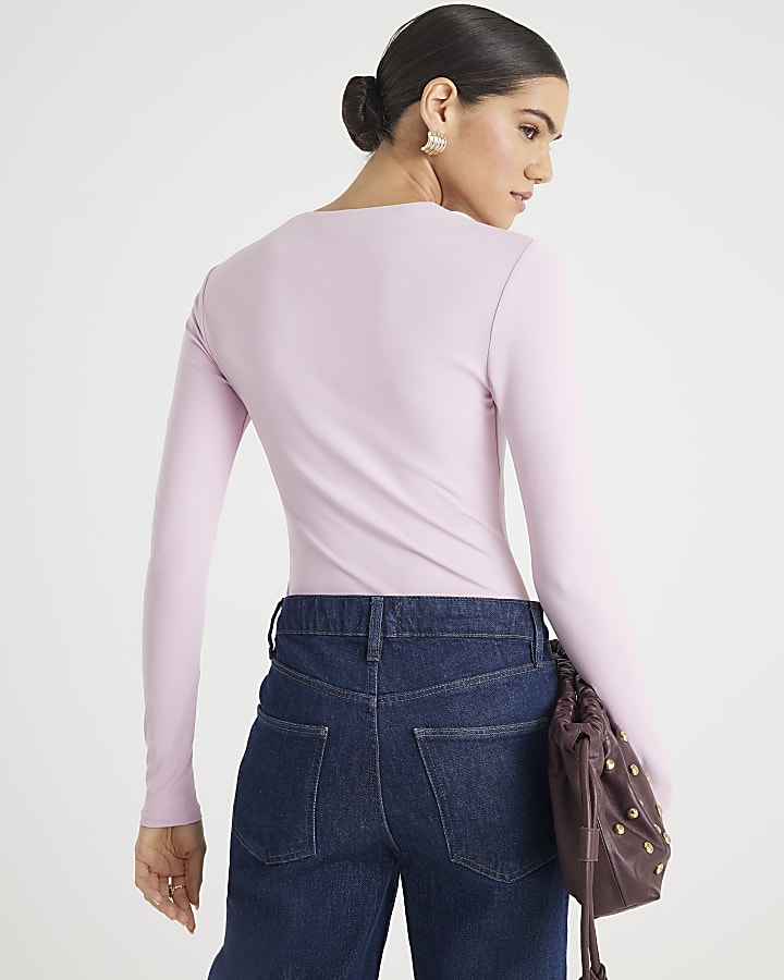 Pink Long Sleeve Square Neck Bodysuit