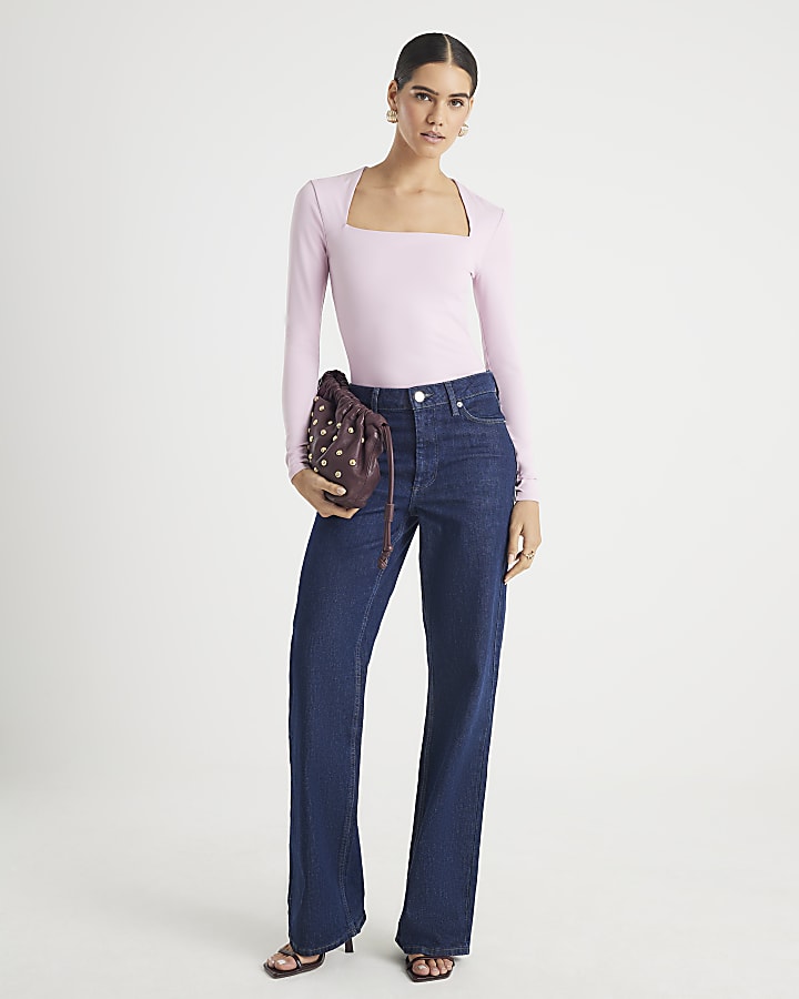Pink Long Sleeve Square Neck Bodysuit