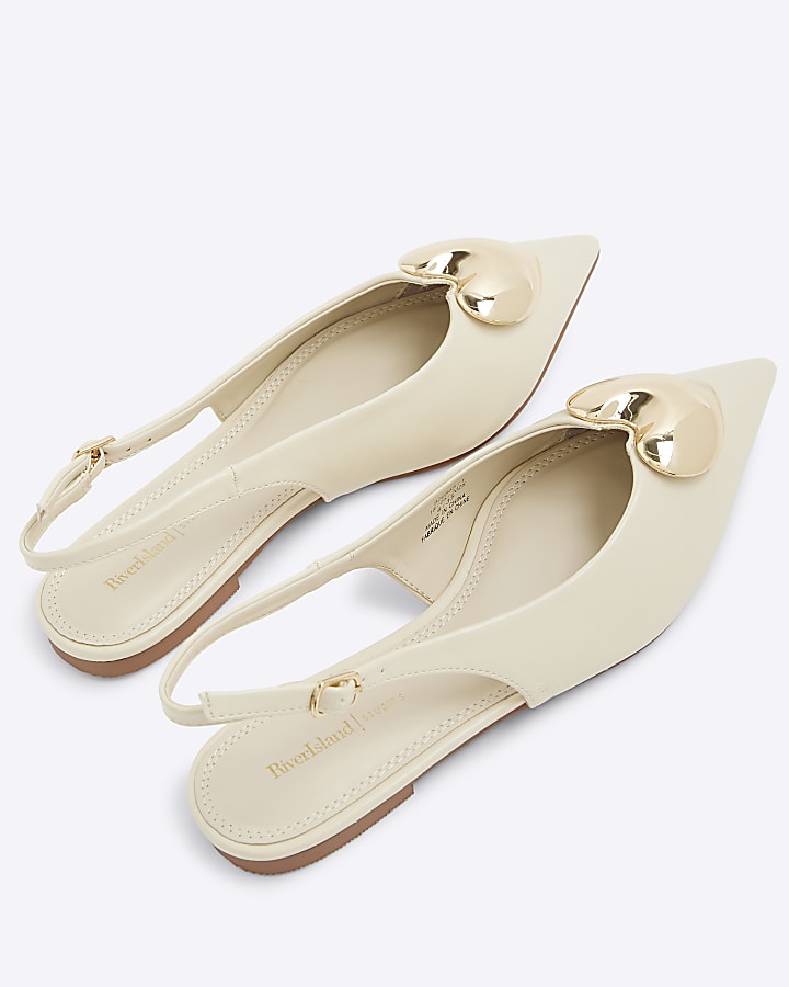Cream Heart Slingback Flat Shoes