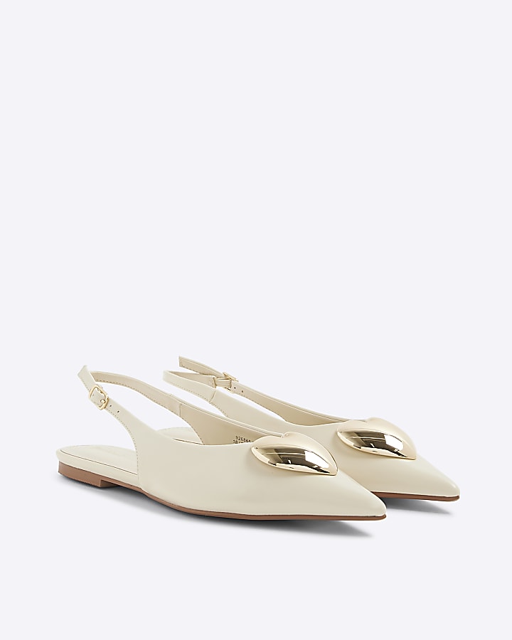 Cream Heart Slingback Flat Shoes