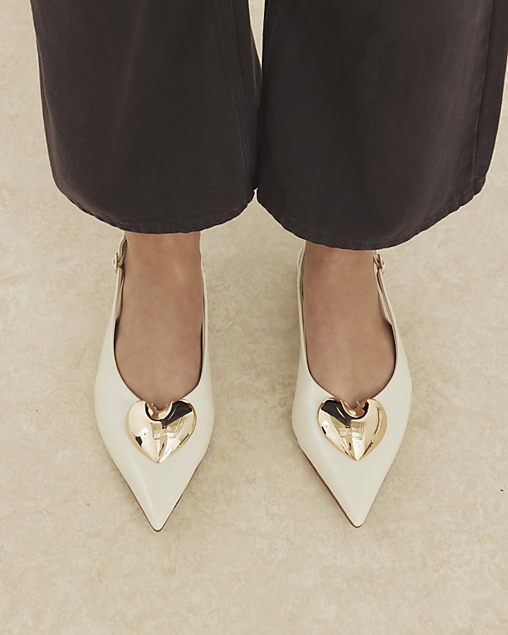 Cream Heart Slingback Flat Shoes