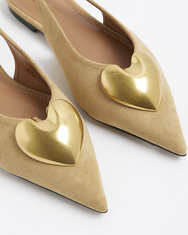 Beige Heart Slingback Flat Shoes