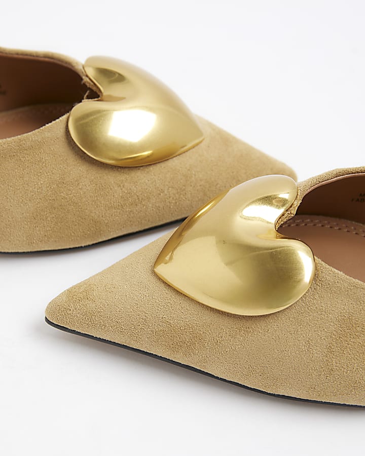Beige Heart Slingback Flat Shoes